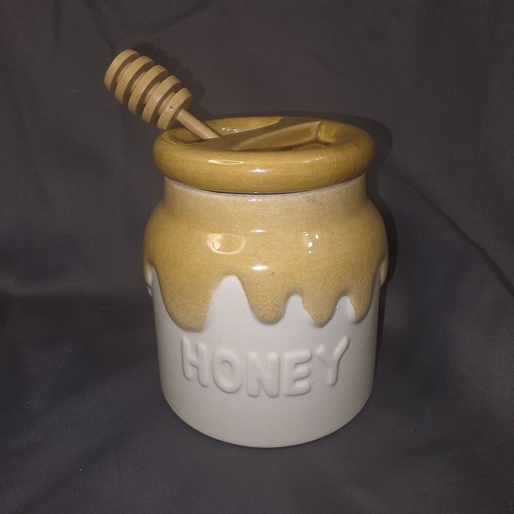 Vintage 1982 Teleflora Ceramic Honey Pot Jar Lid Wooden Dipper Portugal